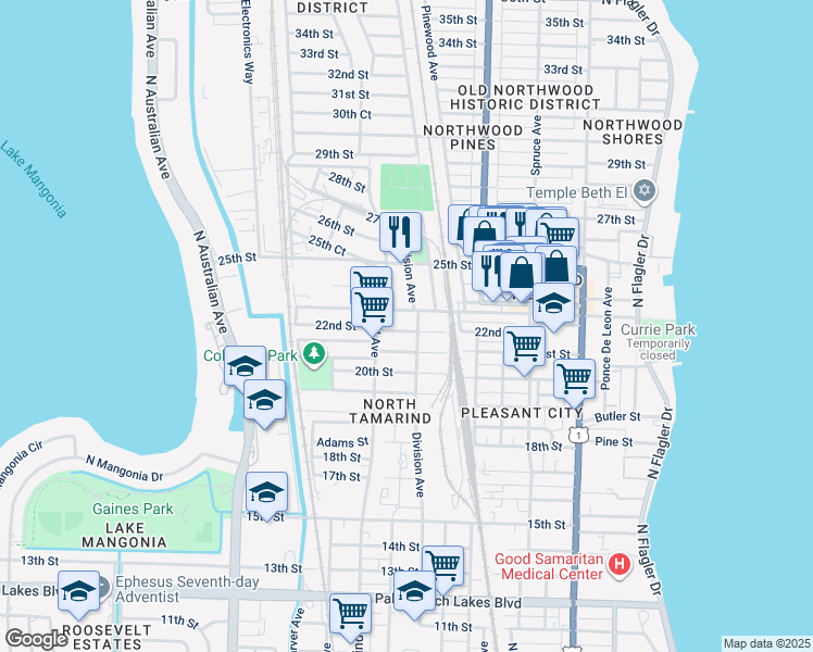 map of restaurants, bars, coffee shops, grocery stores, and more near 800 23rd Street in West Palm Beach