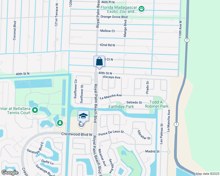 map of restaurants, bars, coffee shops, grocery stores, and more near 109 Santa Cruz Avenue in Royal Palm Beach