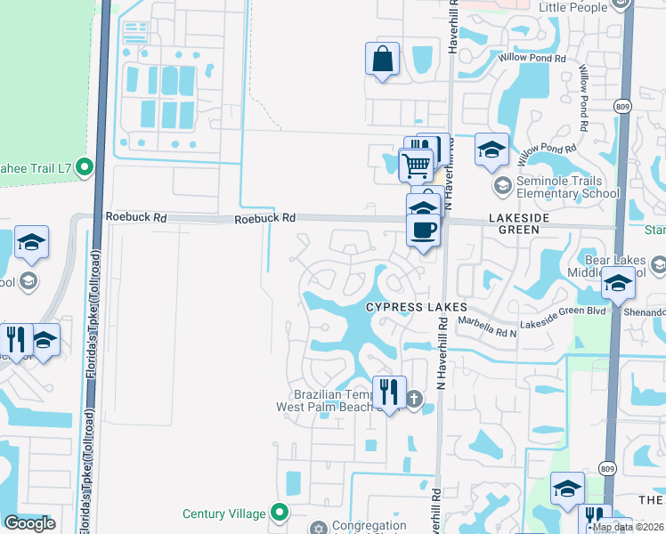 map of restaurants, bars, coffee shops, grocery stores, and more near 3858 Rowena Circle in West Palm Beach