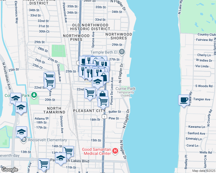 map of restaurants, bars, coffee shops, grocery stores, and more near 312 23rd Street in West Palm Beach