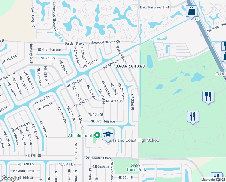 map of restaurants, bars, coffee shops, grocery stores, and more near 4124 Northeast 22nd Place in Cape Coral