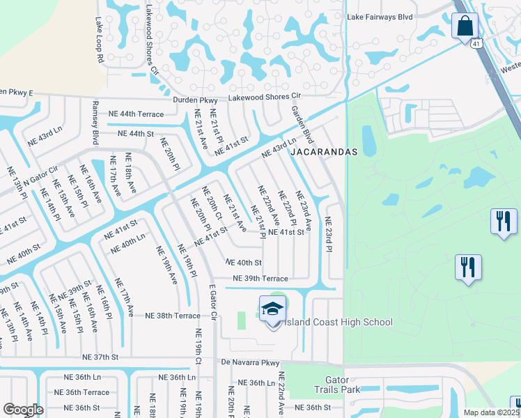 map of restaurants, bars, coffee shops, grocery stores, and more near 4121 Northeast 21st Place in Cape Coral