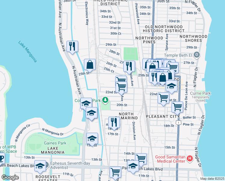 map of restaurants, bars, coffee shops, grocery stores, and more near 1043 22nd Street in West Palm Beach