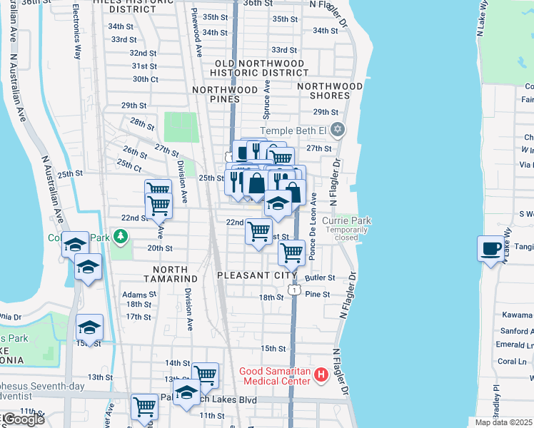 map of restaurants, bars, coffee shops, grocery stores, and more near 2304 Spruce Avenue in West Palm Beach