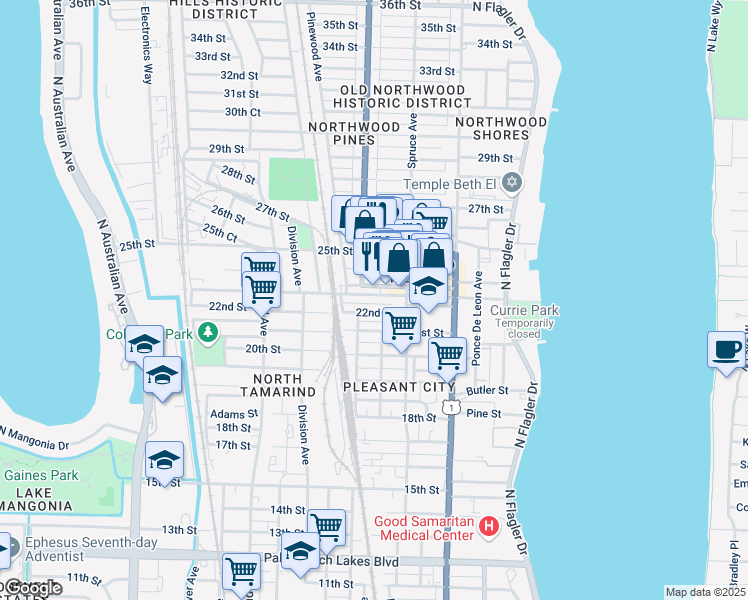 map of restaurants, bars, coffee shops, grocery stores, and more near 544 23rd Street in West Palm Beach