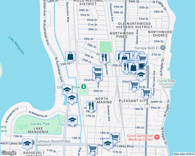 map of restaurants, bars, coffee shops, grocery stores, and more near 2309 North Tamarind Avenue in West Palm Beach