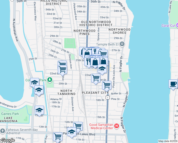 map of restaurants, bars, coffee shops, grocery stores, and more near 544 23rd Street in West Palm Beach