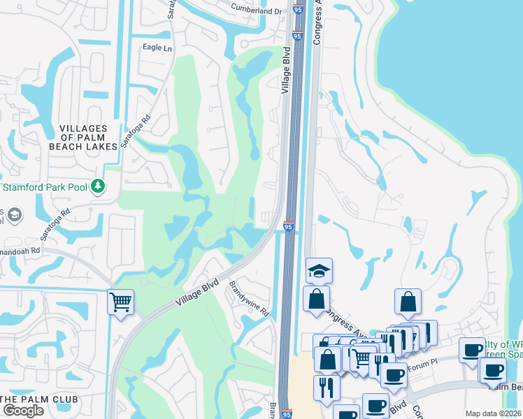 map of restaurants, bars, coffee shops, grocery stores, and more near 2441 Village Boulevard in West Palm Beach