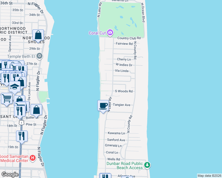 map of restaurants, bars, coffee shops, grocery stores, and more near 570 North Lake Way in Palm Beach
