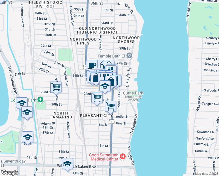 map of restaurants, bars, coffee shops, grocery stores, and more near 412 23rd Street in West Palm Beach
