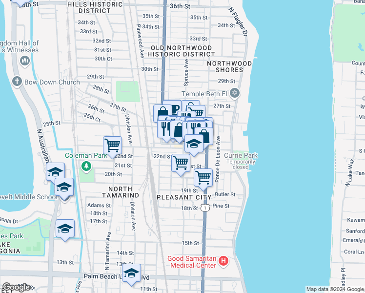 map of restaurants, bars, coffee shops, grocery stores, and more near 2304 Spruce Avenue in West Palm Beach
