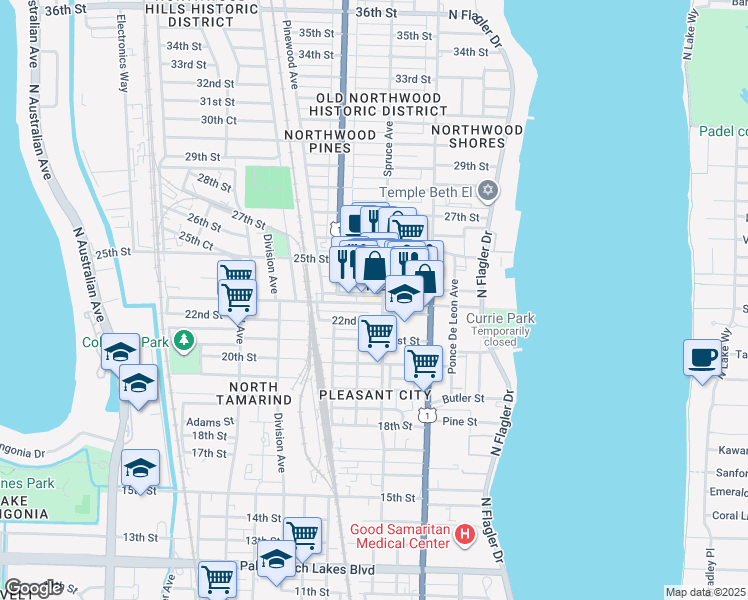 map of restaurants, bars, coffee shops, grocery stores, and more near 2304 Spruce Avenue in West Palm Beach