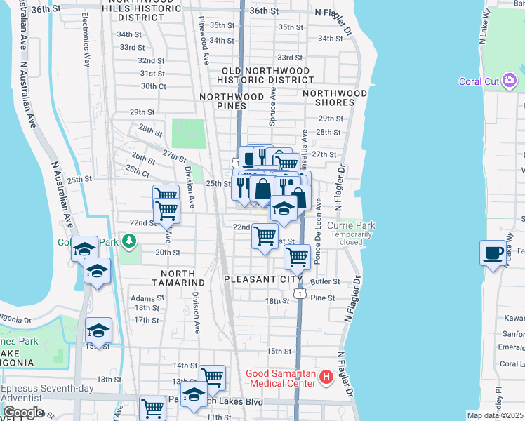 map of restaurants, bars, coffee shops, grocery stores, and more near 2304 Spruce Avenue in West Palm Beach