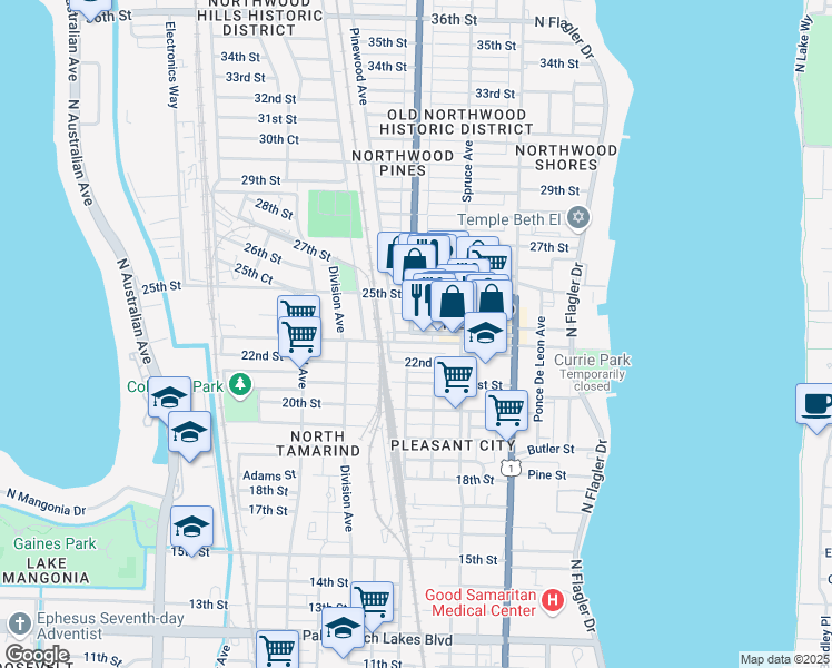 map of restaurants, bars, coffee shops, grocery stores, and more near 544 23rd Street in West Palm Beach
