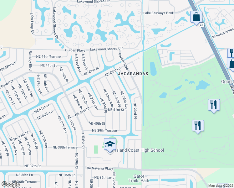 map of restaurants, bars, coffee shops, grocery stores, and more near 4133 Northeast 22nd Place in Cape Coral