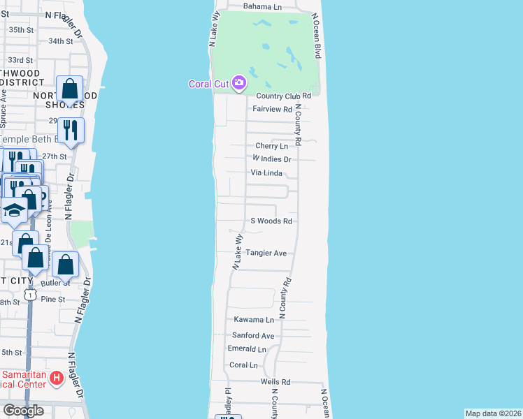 map of restaurants, bars, coffee shops, grocery stores, and more near 249 South Woods Road in Palm Beach