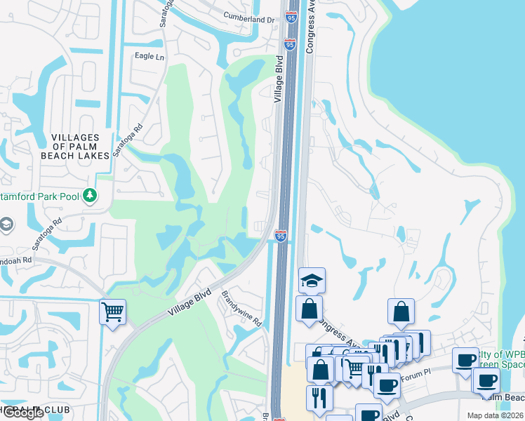 map of restaurants, bars, coffee shops, grocery stores, and more near 2461 Village Boulevard in West Palm Beach