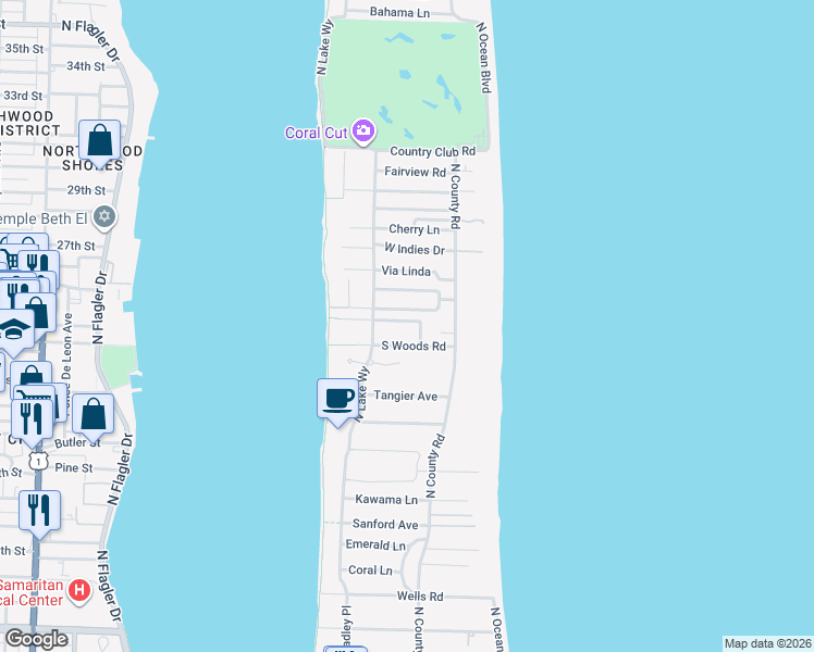 map of restaurants, bars, coffee shops, grocery stores, and more near 249 South Woods Road in Palm Beach