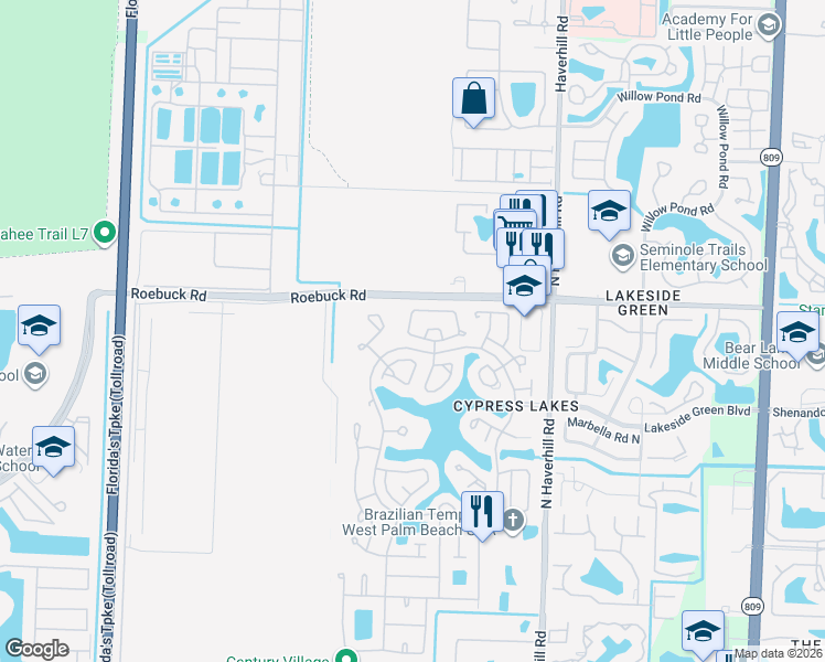 map of restaurants, bars, coffee shops, grocery stores, and more near 3858 Rowena Circle in West Palm Beach