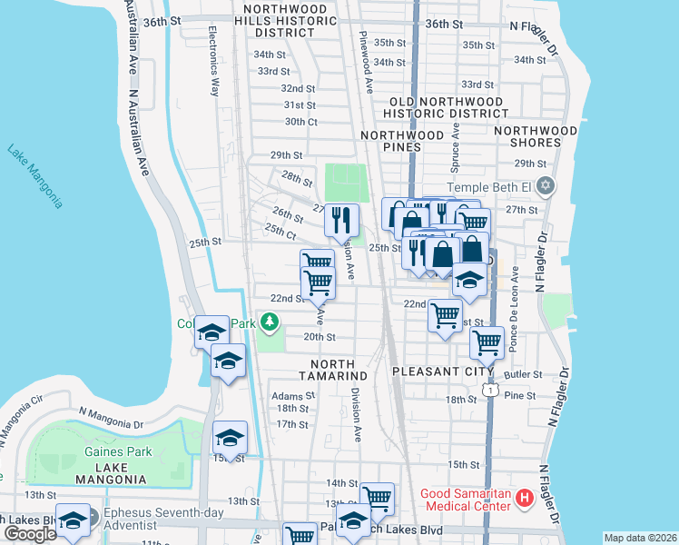 map of restaurants, bars, coffee shops, grocery stores, and more near 2505 Division Avenue in West Palm Beach