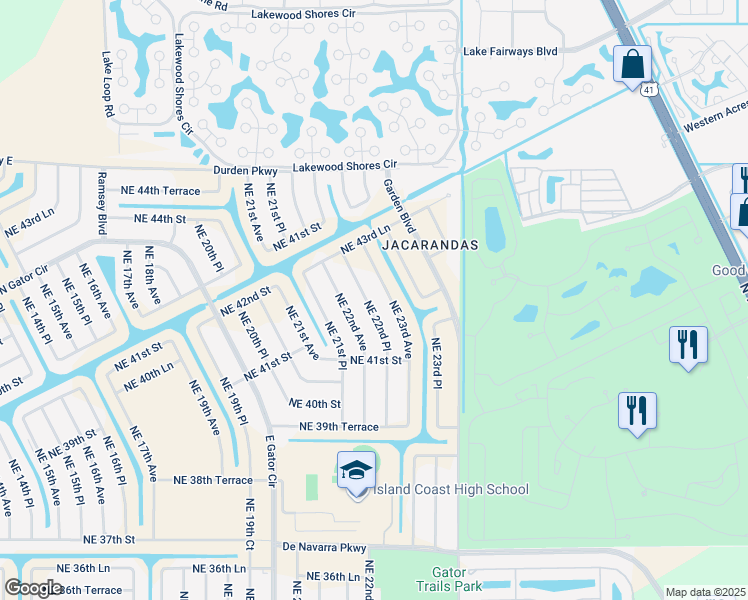 map of restaurants, bars, coffee shops, grocery stores, and more near 4141 Northeast 22nd Place in Cape Coral