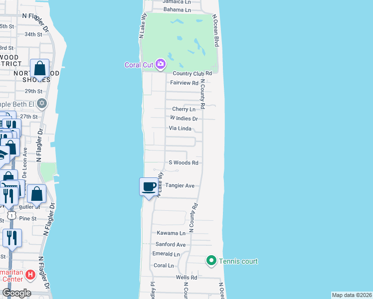 map of restaurants, bars, coffee shops, grocery stores, and more near 249 Plantation Road in Palm Beach