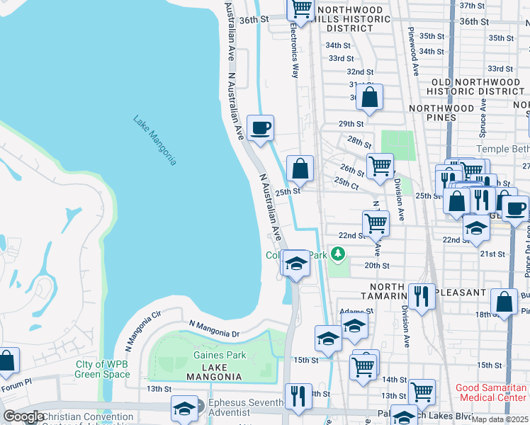 map of restaurants, bars, coffee shops, grocery stores, and more near 2617 North Australian Avenue in West Palm Beach