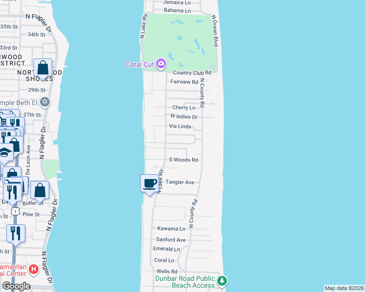 map of restaurants, bars, coffee shops, grocery stores, and more near 249 Plantation Road in Palm Beach