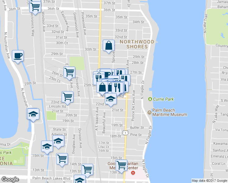 map of restaurants, bars, coffee shops, grocery stores, and more near 444 24th St in West Palm Beach