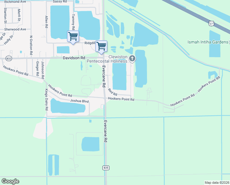map of restaurants, bars, coffee shops, grocery stores, and more near 1824 Red Road in Clewiston