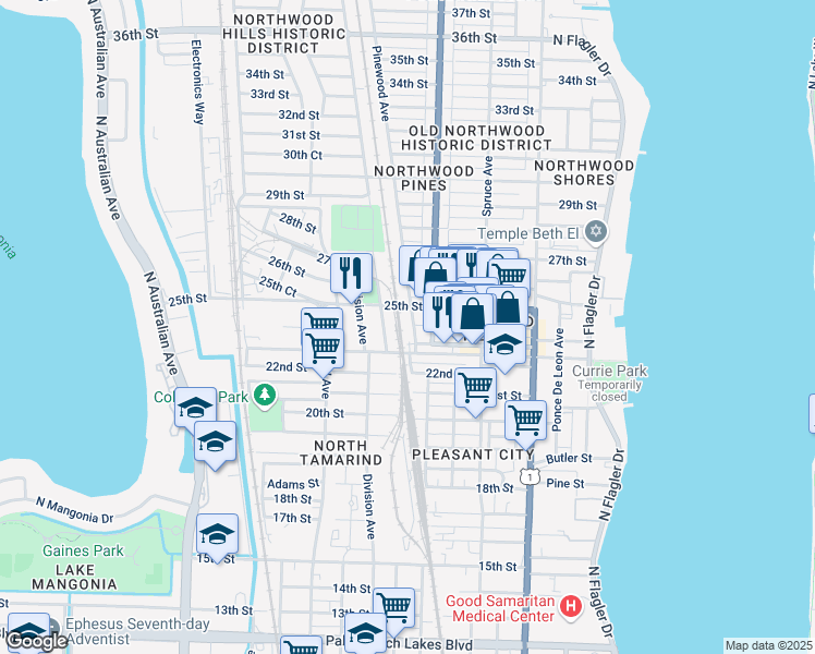 map of restaurants, bars, coffee shops, grocery stores, and more near 2501 Pinewood Avenue in West Palm Beach