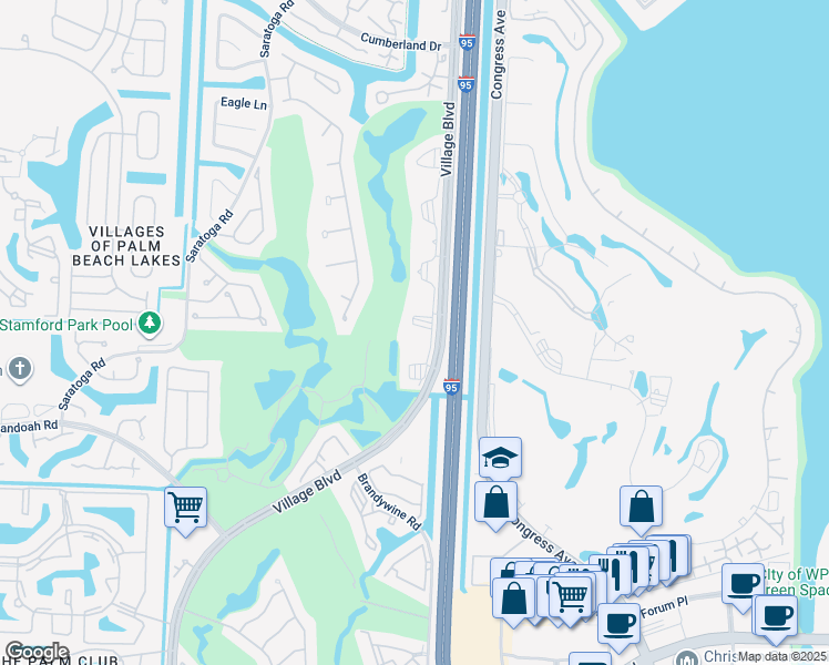 map of restaurants, bars, coffee shops, grocery stores, and more near 2561 Village Boulevard in West Palm Beach