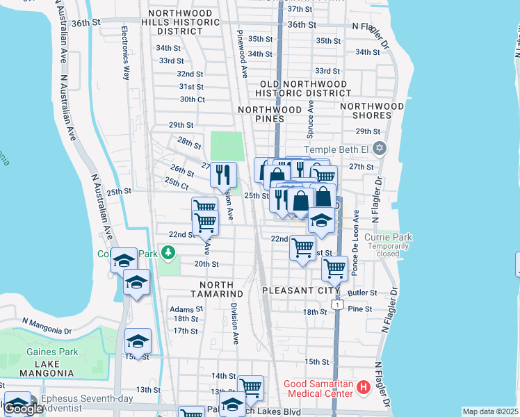 map of restaurants, bars, coffee shops, grocery stores, and more near 2501 Pinewood Avenue in West Palm Beach