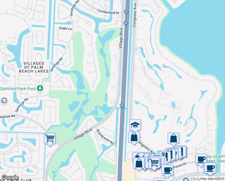 map of restaurants, bars, coffee shops, grocery stores, and more near 2561 Village Boulevard in West Palm Beach