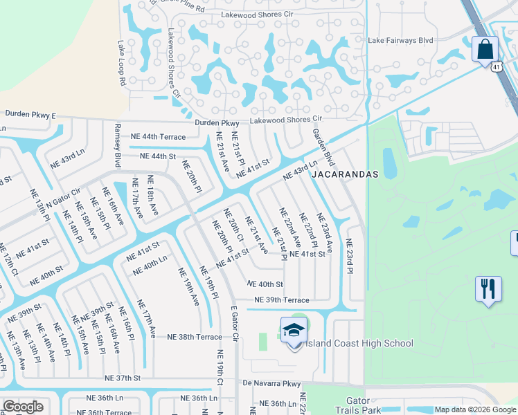 map of restaurants, bars, coffee shops, grocery stores, and more near 4206 Northeast 21st Place in Cape Coral
