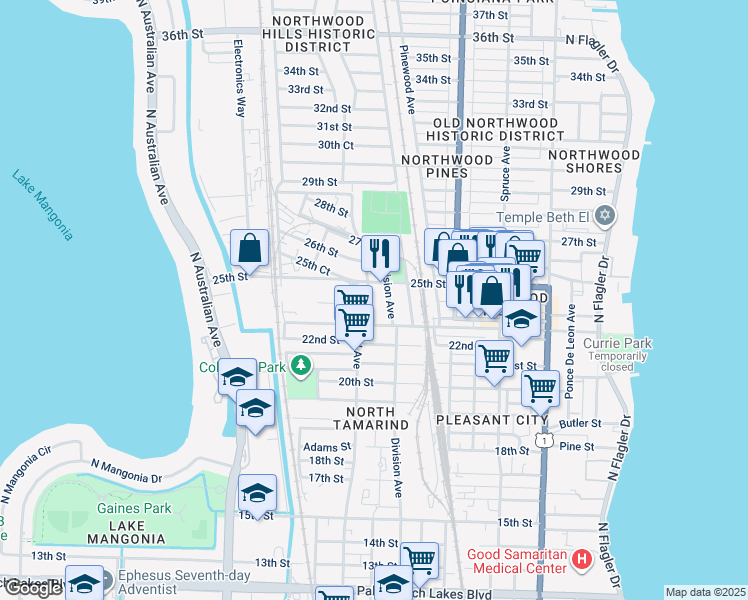 map of restaurants, bars, coffee shops, grocery stores, and more near 2400-2498 North Tamarind Avenue in West Palm Beach