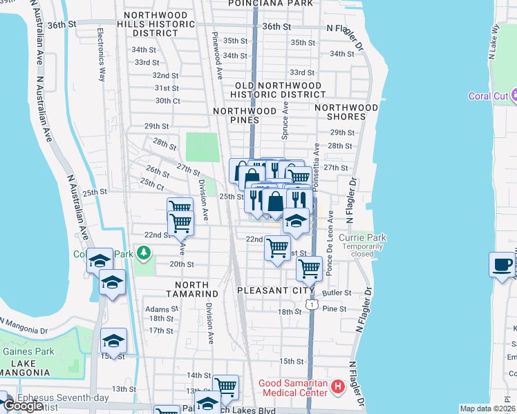 map of restaurants, bars, coffee shops, grocery stores, and more near 523 25th Street in West Palm Beach