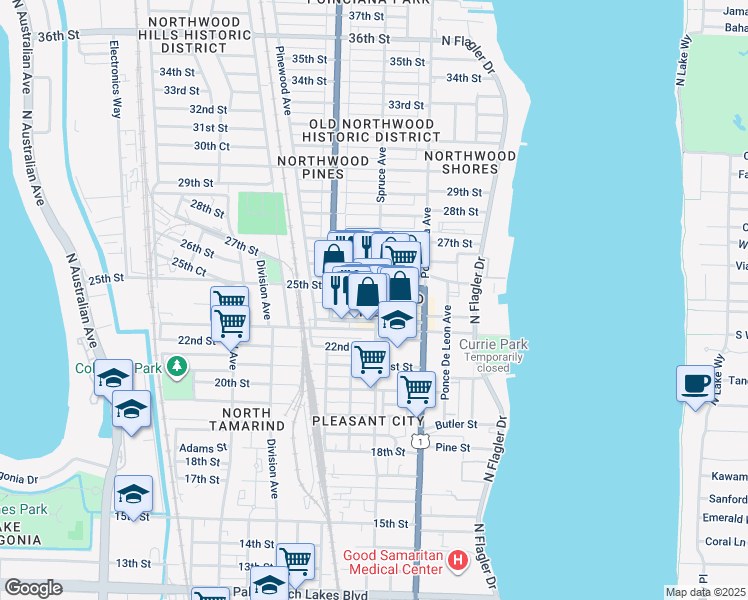 map of restaurants, bars, coffee shops, grocery stores, and more near in West Palm Beach