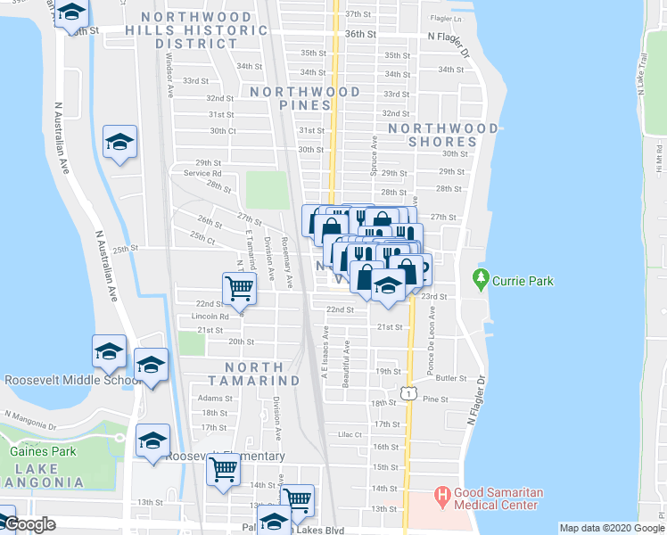 map of restaurants, bars, coffee shops, grocery stores, and more near 2510 Broadway Avenue in West Palm Beach
