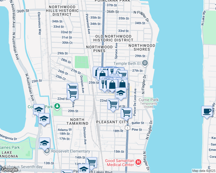 map of restaurants, bars, coffee shops, grocery stores, and more near 523 24th Street in West Palm Beach