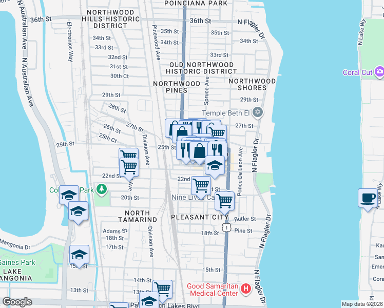 map of restaurants, bars, coffee shops, grocery stores, and more near 523 24th Street in West Palm Beach
