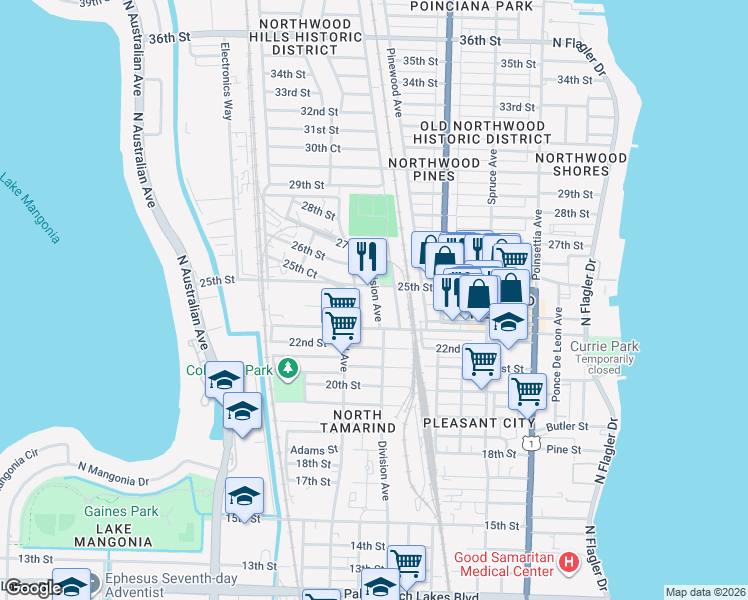 map of restaurants, bars, coffee shops, grocery stores, and more near 2505 Division Avenue in West Palm Beach