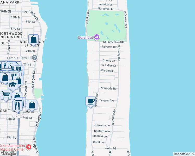 map of restaurants, bars, coffee shops, grocery stores, and more near 301 Plantation Road in Palm Beach