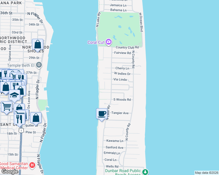 map of restaurants, bars, coffee shops, grocery stores, and more near 301 Plantation Road in Palm Beach
