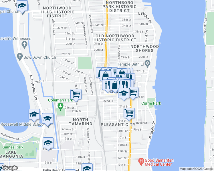 map of restaurants, bars, coffee shops, grocery stores, and more near 2510 Broadway Avenue in West Palm Beach