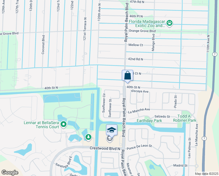 map of restaurants, bars, coffee shops, grocery stores, and more near 169 Sunflower Circle in Royal Palm Beach
