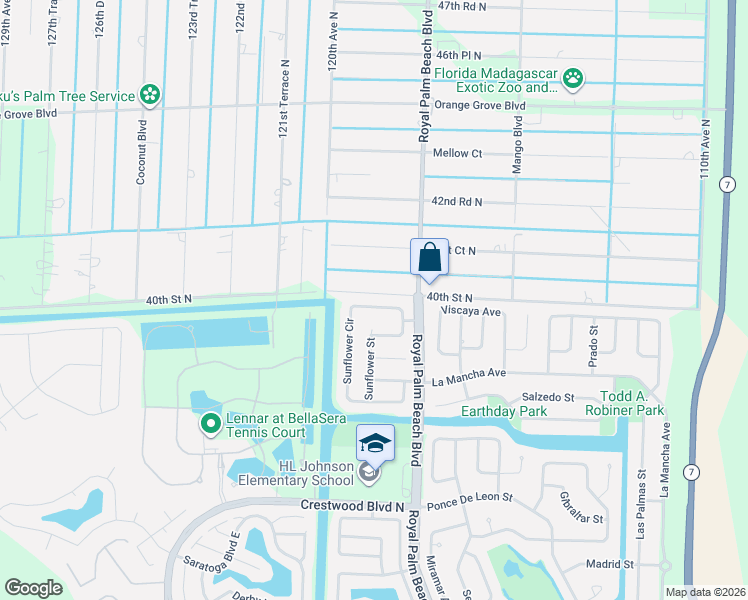 map of restaurants, bars, coffee shops, grocery stores, and more near 165 Sunflower Circle in Royal Palm Beach