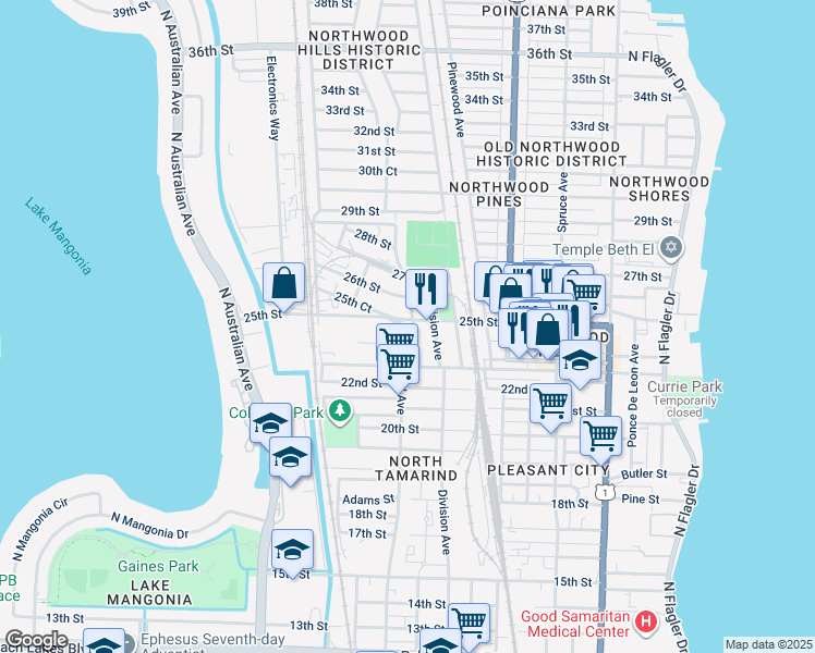 map of restaurants, bars, coffee shops, grocery stores, and more near 2400-2498 North Tamarind Avenue in West Palm Beach