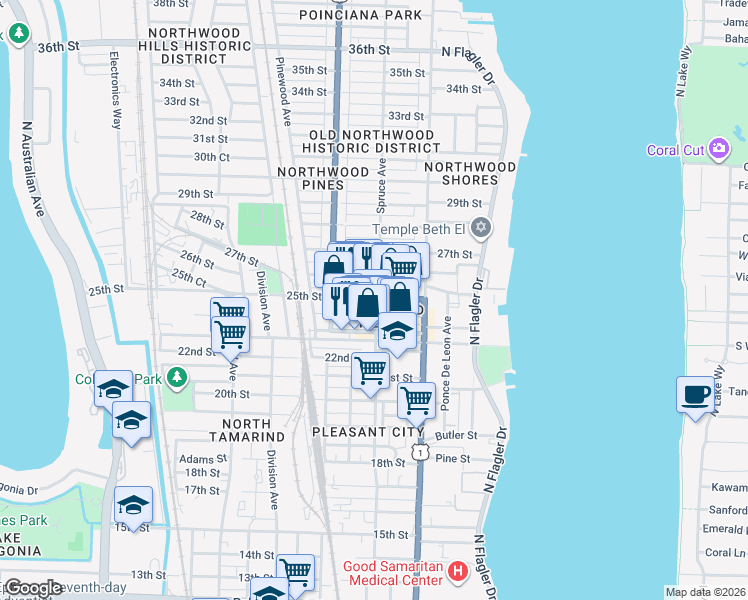 map of restaurants, bars, coffee shops, grocery stores, and more near 2585 Spruce Avenue in West Palm Beach