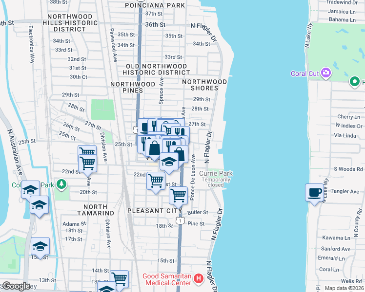 map of restaurants, bars, coffee shops, grocery stores, and more near Dixie Hwy & 25th St in West Palm Beach